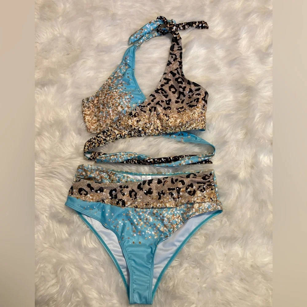 Leopard Gold Glitter Women’s 2 piece Bikini size‎ XL Halter Top High Waisted